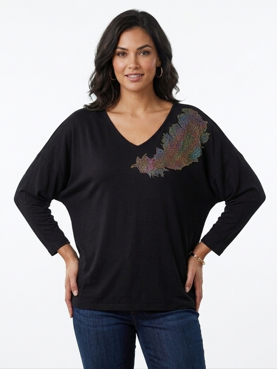 Allure Tops - ALLURE Women's Embellished Vneck Top In Black Size XL
